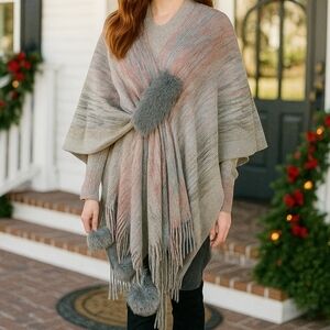 Faux Fur Pom-Pom Fringe Hem Poncho Sweater Wrap Colorful Knit Oversized Swawl